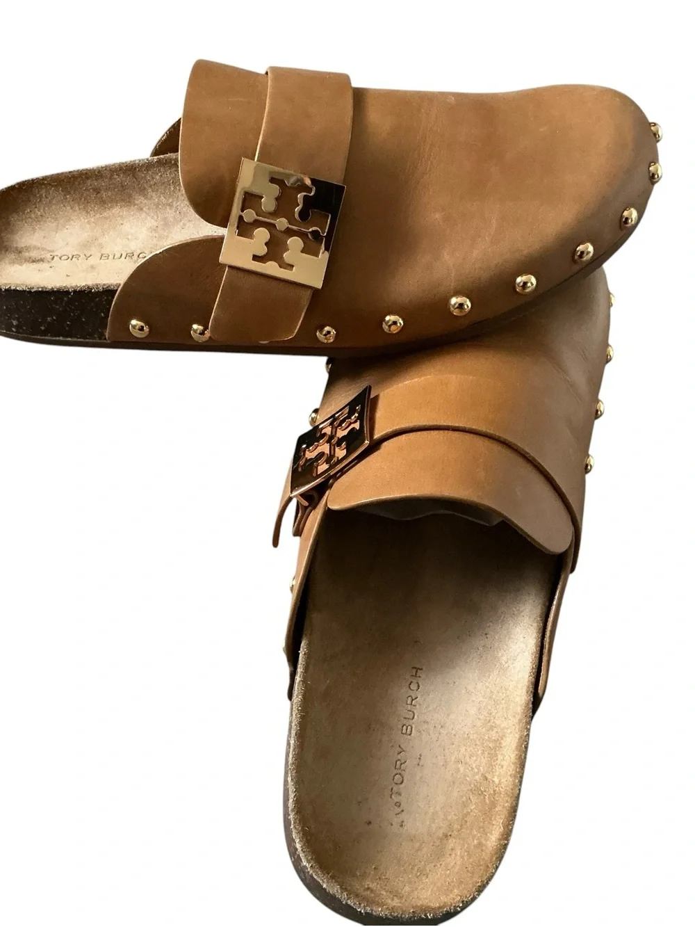 Tory Burch Mellow studded mule comfort flat slip on shoes caramel brown size 8